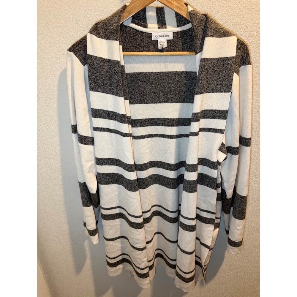 Calvin Klein Womens XL Striped Open Front Cardigan Sweater Grey White Longline